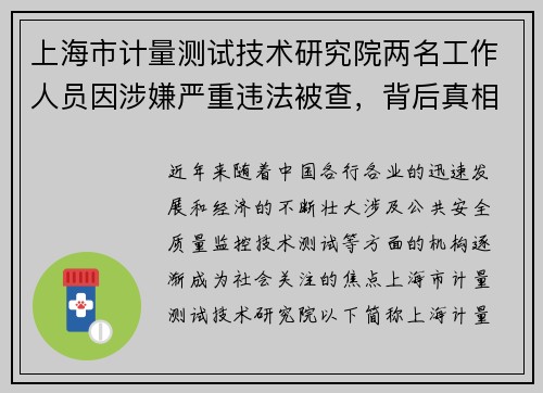 上海市计量测试技术研究院两名工作人员因涉嫌严重违法被查，背后真相引发关注