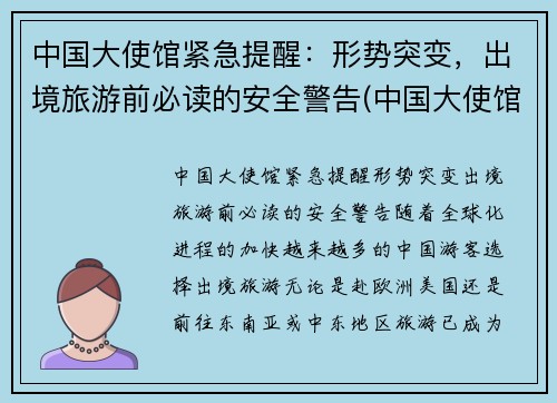 中国大使馆紧急提醒：形势突变，出境旅游前必读的安全警告(中国大使馆入境政策)