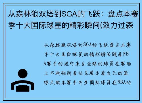 从森林狼双塔到SGA的飞跃：盘点本赛季十大国际球星的精彩瞬间(效力过森林狼的球星)